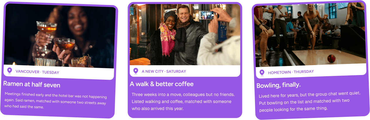Three story cards: Ramen at half seven, A walk & better coffee, Bowling finally